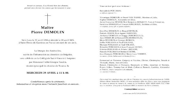 Décès de Monsieur Pierre Demolin, Président du conseil d'administration